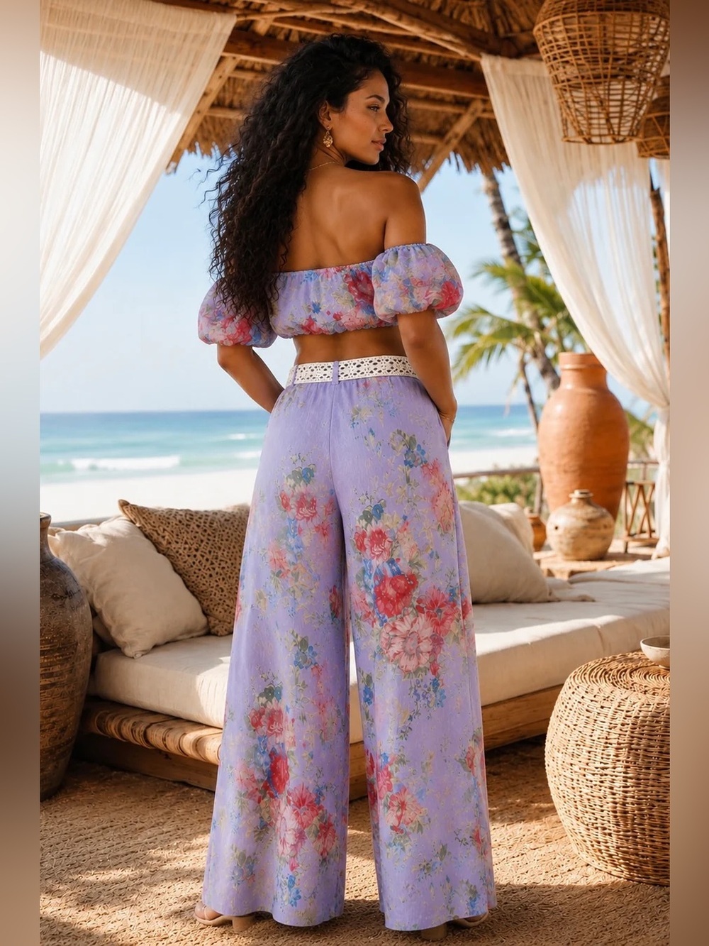 Lavender Floral Wide-Leg Pants Set - Women's Beach pant set Bottoms - Picture 4 of 7